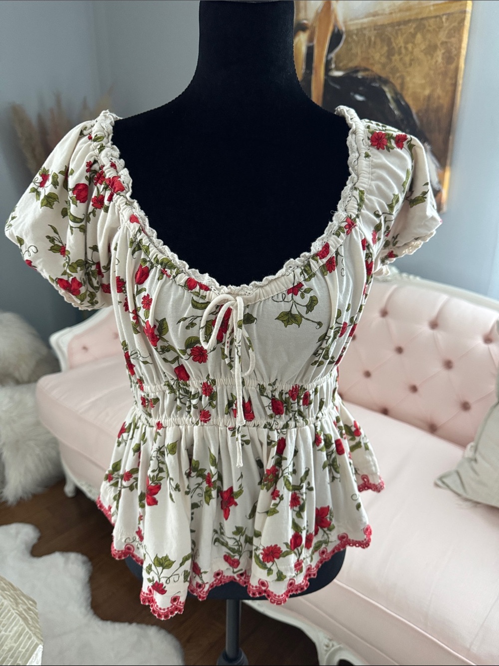 Anthropologie - Maeve Ivory Peplum Blouse with Red Floral Print